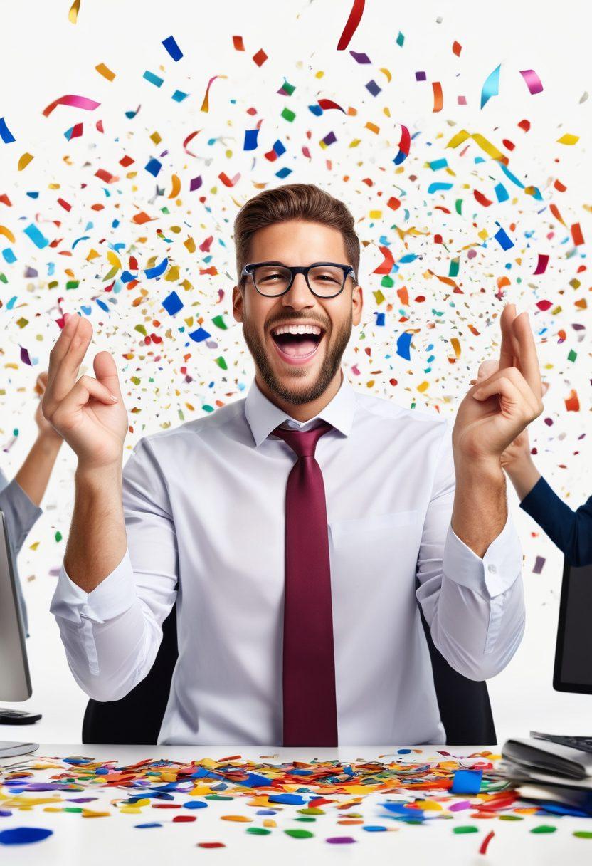 A joyful job seeker celebrating with a colorful confetti background, surrounded by diverse professionals working collaboratively at modern desks. Include elements symbolizing intelligent staffing solutions like gears, lightbulbs, and digital devices connecting people. Showcase a sense of satisfaction and futuristic innovation. vibrant colors. super-realistic. white background.