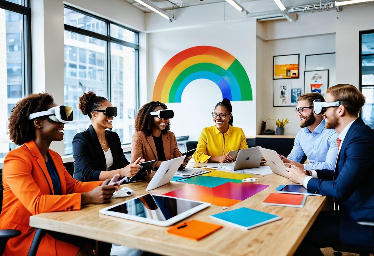 A diverse group of professionals joyfully collaborating in a bright, modern office space, surrounded by innovative recruitment tools like tablets and virtual reality headsets. Illustrate a rainbow of colors to symbolize opportunity and joy, with a background of open doors representing accessibility in the job market. Add elements of technology and creativity to evoke a sense of progress. super-realistic. vibrant colors. modern art.