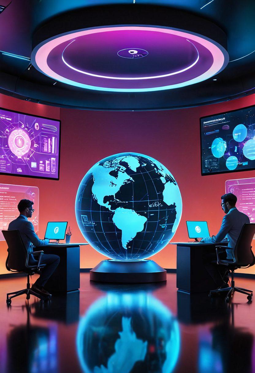 A futuristic office environment featuring diverse digital avatars collaborating together, surrounded by holographic screens displaying analytics and talent metrics. A glowing globe symbolizing global talent connection in the background. Warm, inviting colors conveying innovation and intelligence. super-realistic. vibrant colors. digital art.